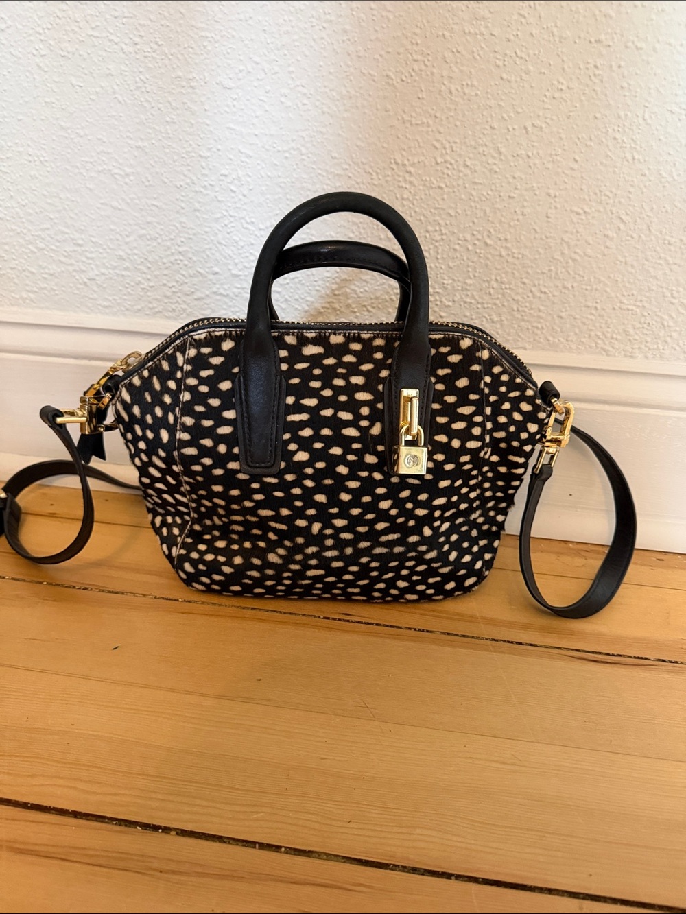 Tory Burch Black and Cream Spotted Satchel with Gold Hardware